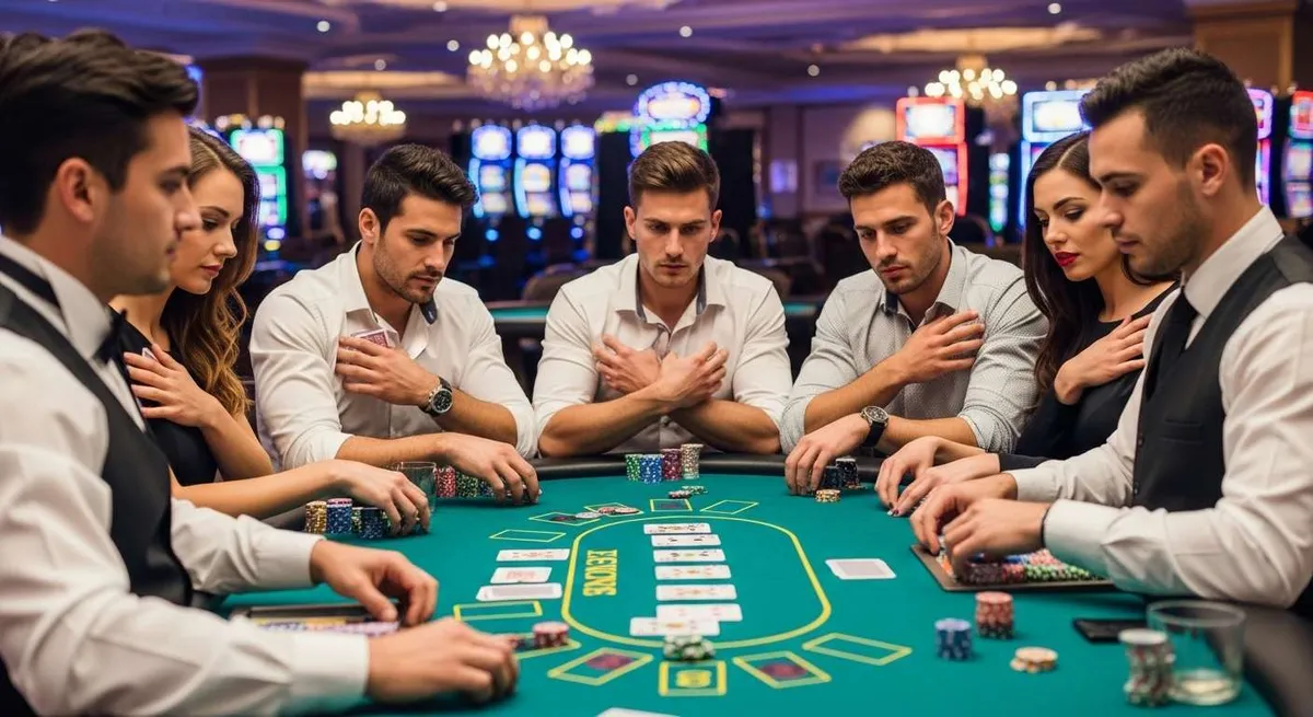 Instant Casino Giocatori concentrati a poker con fiches su tavolo verde